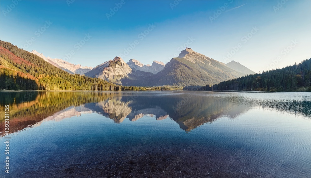 Obraz premium Serene mountain range reflected in crystal clear lake, showcasing nature beauty
