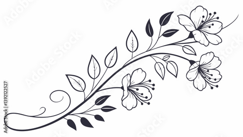 "Elegant wavy border of hand-drawn florals and leaves, minimal vector style, isolated on white background, ideal for invitation designs."