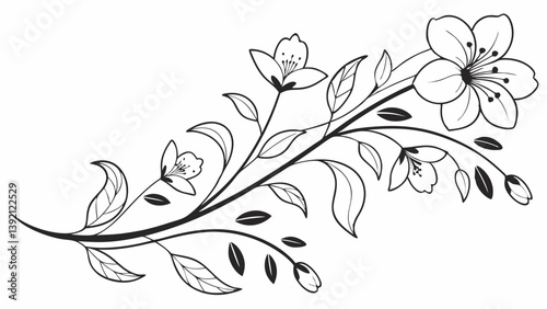 "Elegant wavy border of hand-drawn florals and leaves, minimal vector style, isolated on white background, ideal for invitation designs."