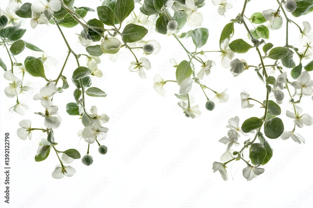Obraz premium Delicate white flowers and green leaves frame isolated on white background