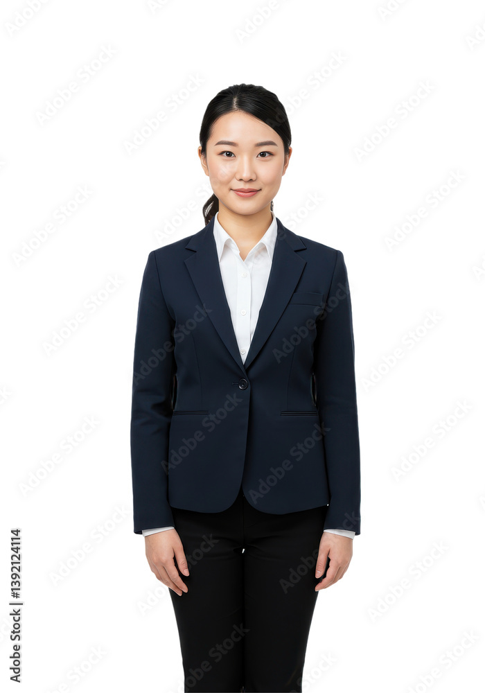 Professional woman in a business suit standing confidently against a plain background Professional woman in a business suit standing confidently against a plain background