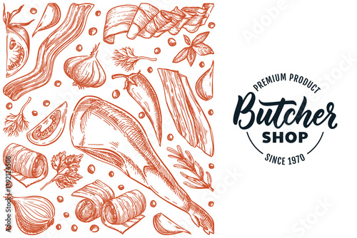 Meat products background. Vector hand drawn sketch illustration of jamon leg, greens and spices. Package design elements