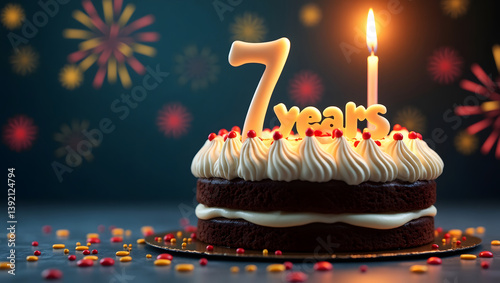 A sweet chocolate 7th birthday cake with burning candles is a delicious dessert for a happy party celebration