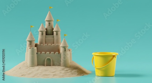 Fototapeta Naklejka Na Ścianę i Meble -  Sandcastle Dreams: A 3D Render AI Generated