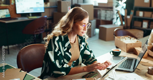 Logistics, online order and tablet with woman in office for delivery or shipping schedule. Laptop, planning and supply chain with courier person at desk in depot or warehouse for ecommerce tracking