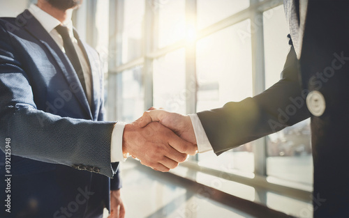 Dos profesionales de negocios dándose la mano en una oficina moderna, simbolizando el cierre de un acuerdo exitoso. La escena transmite confianza, profesionalidad y cooperación. Estilo fotorealista