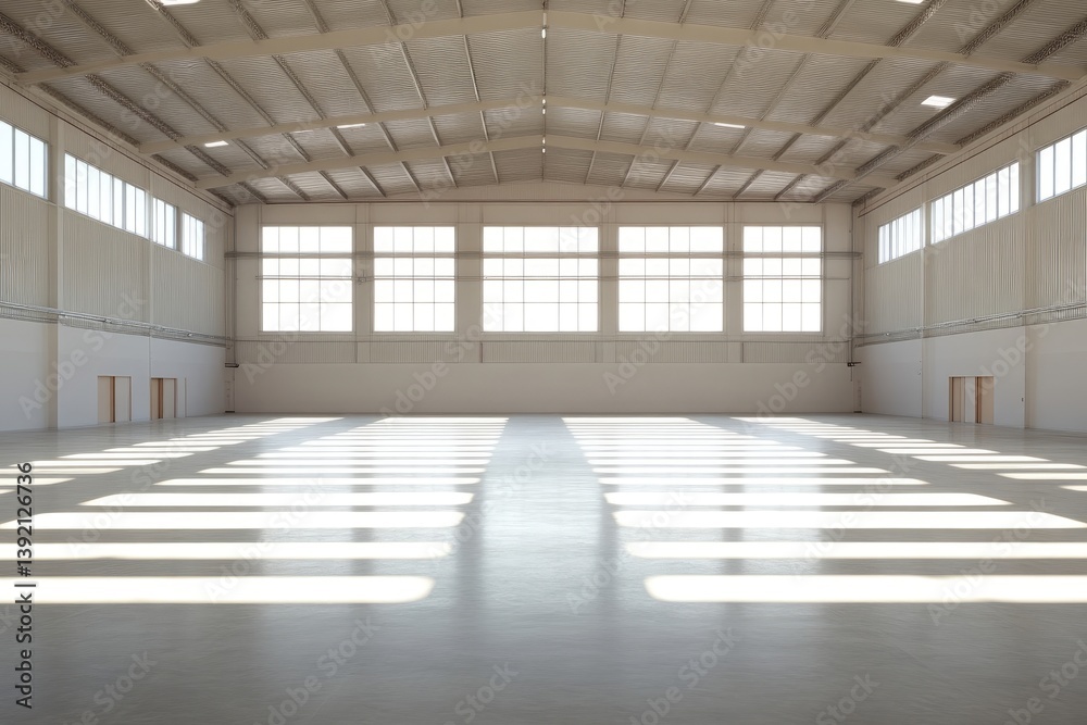 Fototapeta premium Spacious, modern warehouse interior. Sunlight streams through large windows, illuminating a wide open area