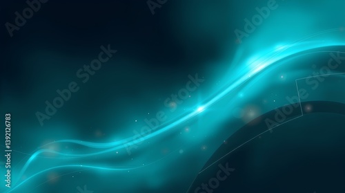 Dynamic Teal Energy Stream: Luminescent Aqua Ribbon with Light Particles in Deep Cyan Digital Dimension