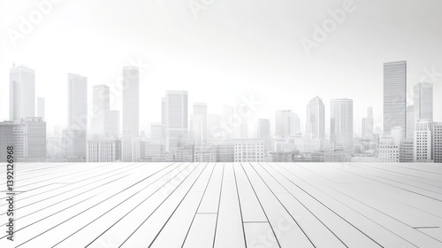 Empty urban plaza, city view, white wood floor, background image, for design