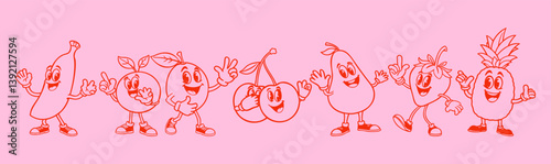 Vector collection of fruits. Groovy retro cartoon style. Red banana, peach, lemon, cherries, pear, strawberry and pineapple on pink background