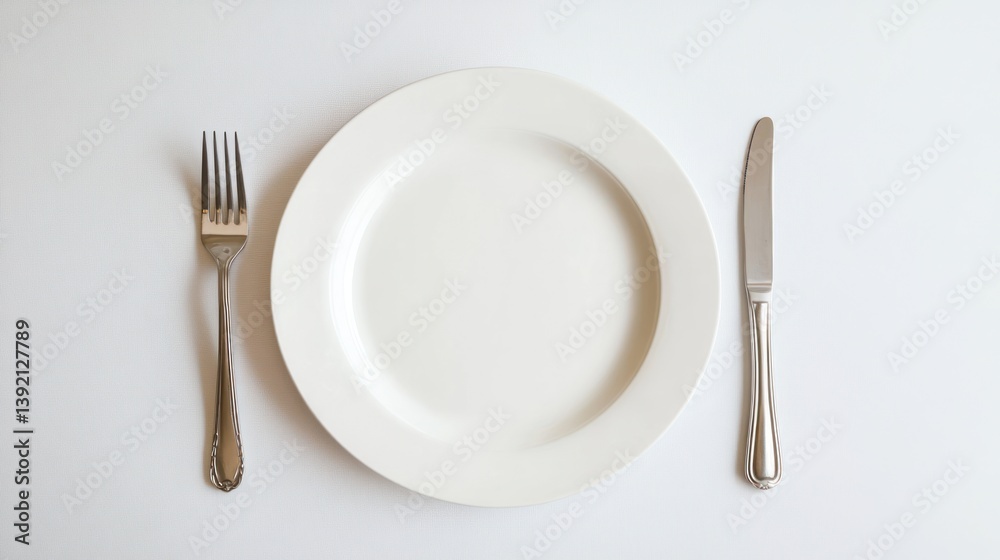 Empty white plate with fork and knife on white background for restaurant Empty white plate with fork and knife on white background for restaurant