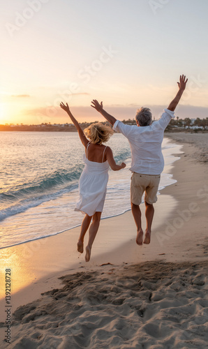 cheerful jumping senior couple at the beach in summer sunset