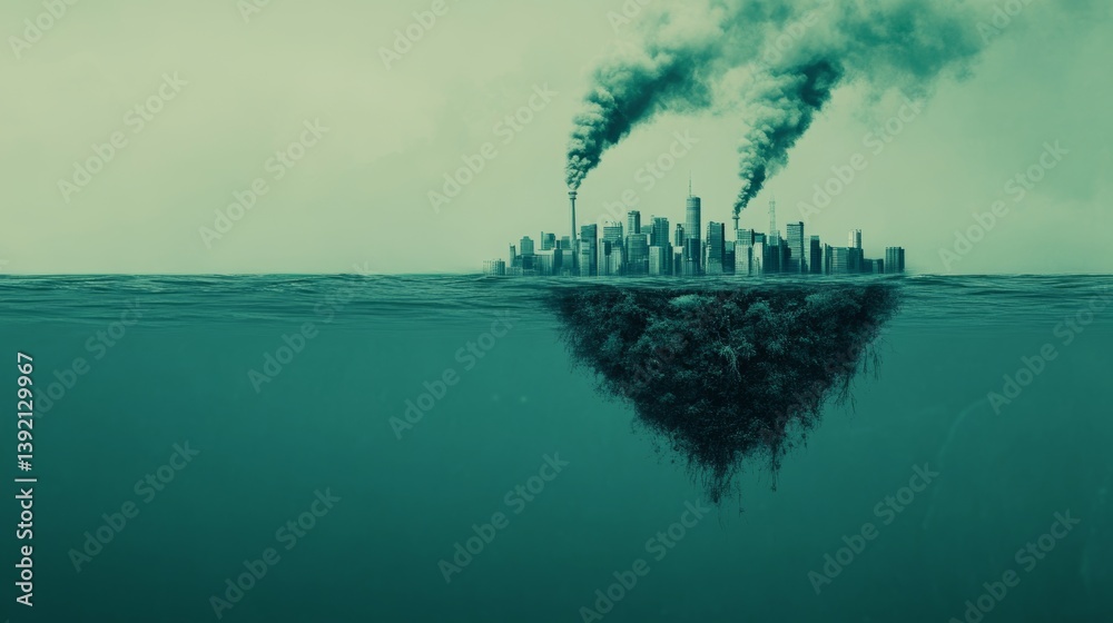 Floating city above submerged forest releasing smoke into sky shows hidden environmental cost of urban expansion