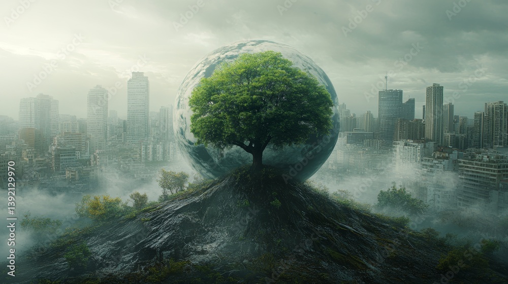 Single green tree standing tall in futuristic urban jungle symbolizing hope and ecological responsibility