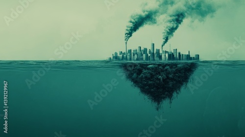 Obraz na płótnie Floating city above submerged forest releasing smoke into sky shows hidden environmental cost of urban expansion w salonie