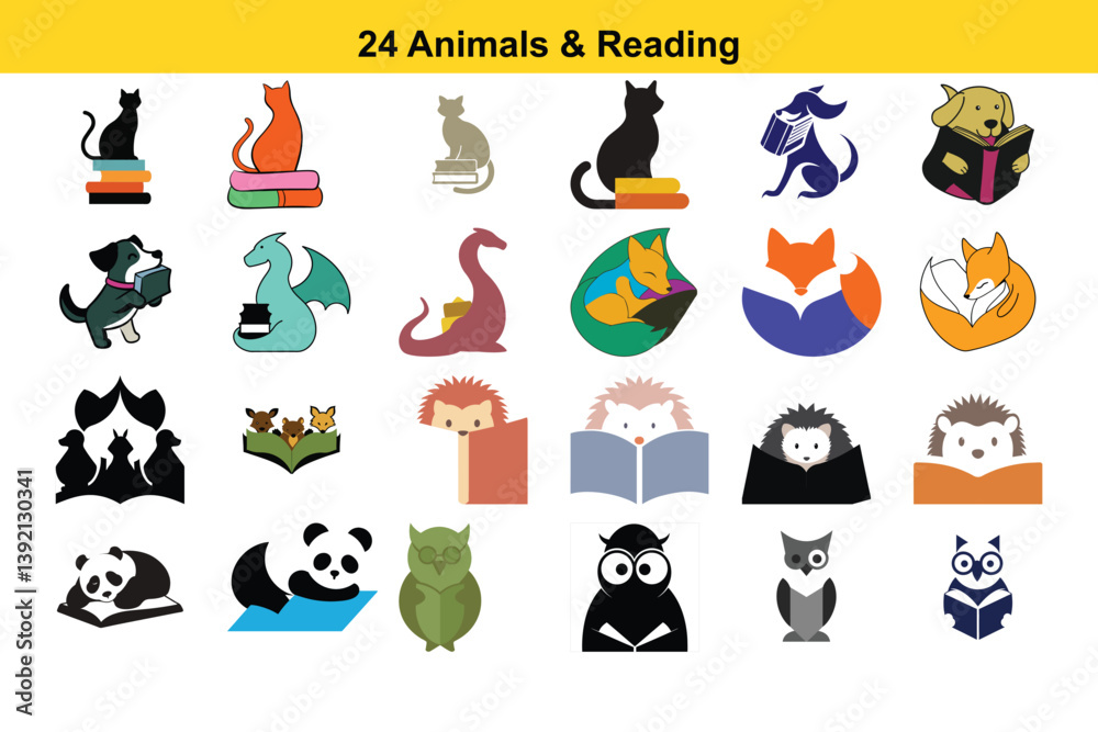 Fototapeta premium Adorable Animals & Books 24 Charming Illustrations for Reading Lovers