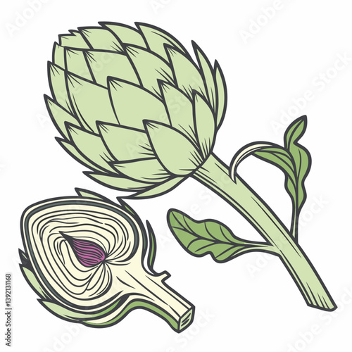 An artichoke and a sliced artichoke with leaves on a white background