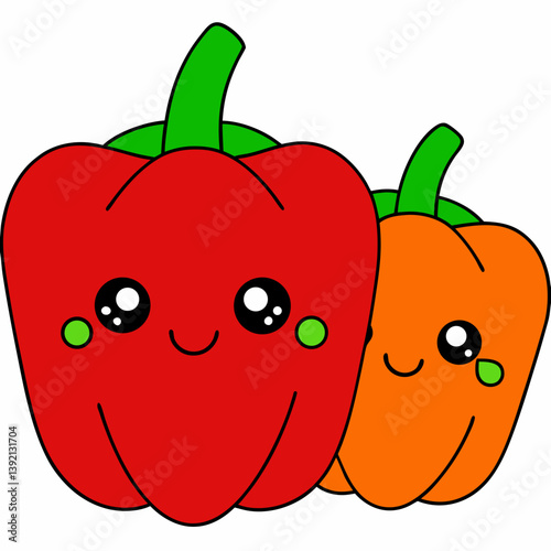 Featuring a red bell pepper and an orange bell pepper with cartoon faces smiling