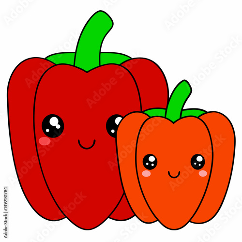 Illustration of two cartoon bell peppers one red and one orange with cute faces and green stems