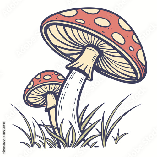 Mushrooms with cream spots growing among green grass blades, in an artful design
