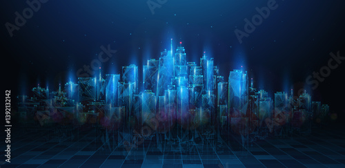 Lowpoly 3D Night City Skyline With Mirror Floor. Abstract geometric illustration of a cyber city with a cityscape of office buildings in virtual cyberspace in wireframe mesh style on a blue background