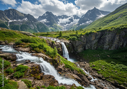 Waterfall cascading down rocks in mountain landscape with snowy peaks and green valley under cloudy sky. Waterfall in mountains with snow and green valley