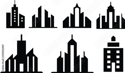 City skyline silhouettes, black and white icons, urban architecture, skyscraper outlines, minimalist building shapes, geometric cityscape designs, modern metropolis symbols, simplified city logos