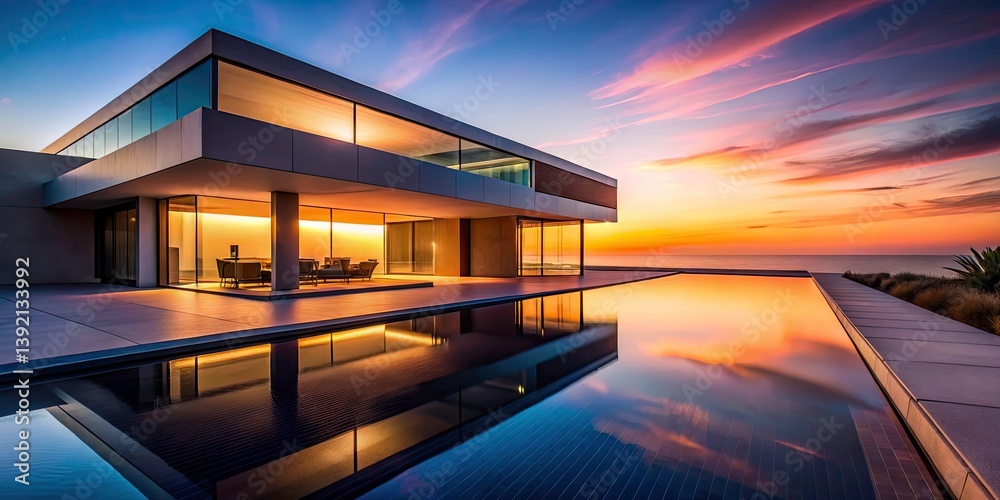 Fototapeta premium Minimalist Architecture Sunset Pool Night Photography - Modern House Design, Serene Swimming Pool, Night View