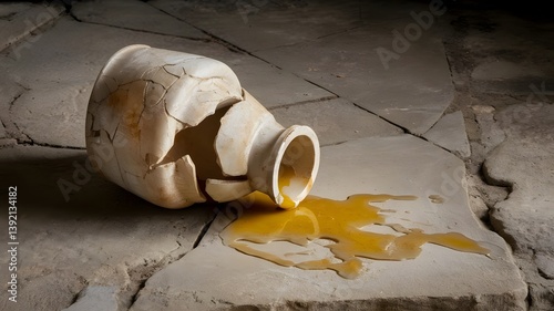 The oil was spilled next to an alabaster jar