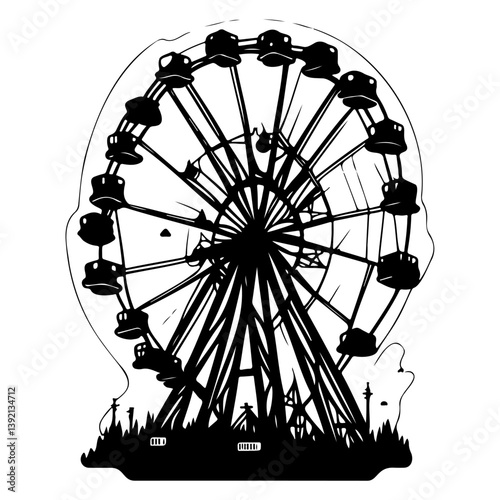 Monochrome Ferris Wheel Silhouette Against the Sky Amidst Ornamental Plants