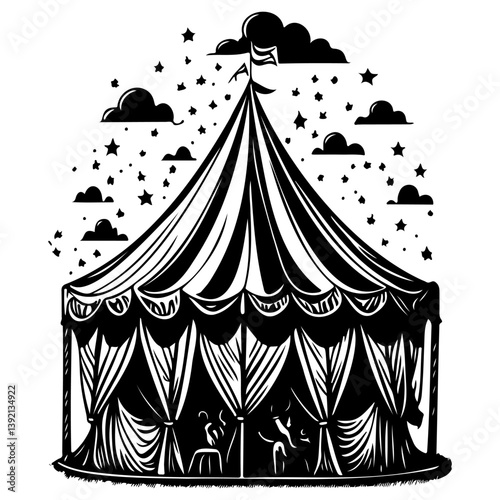 Enigmatic monochrome illustration of a circus tent amidst celestial elements