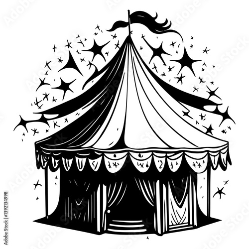 Whimsical Big Top Illustration: A Vintage-Inspired Tent with Celestial Embellishments