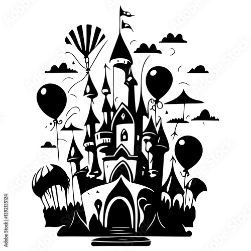 Fantasy kingdom illustration with balloons and airships against a dreamy sky