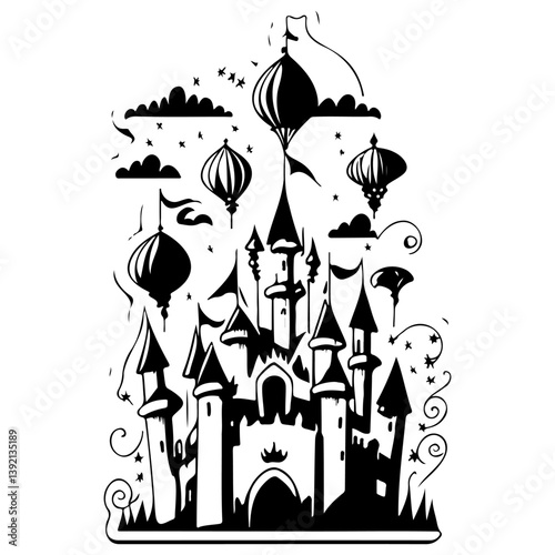 Fantasy kingdom illustration with towers, lanterns, and whimsical atmosphere design
