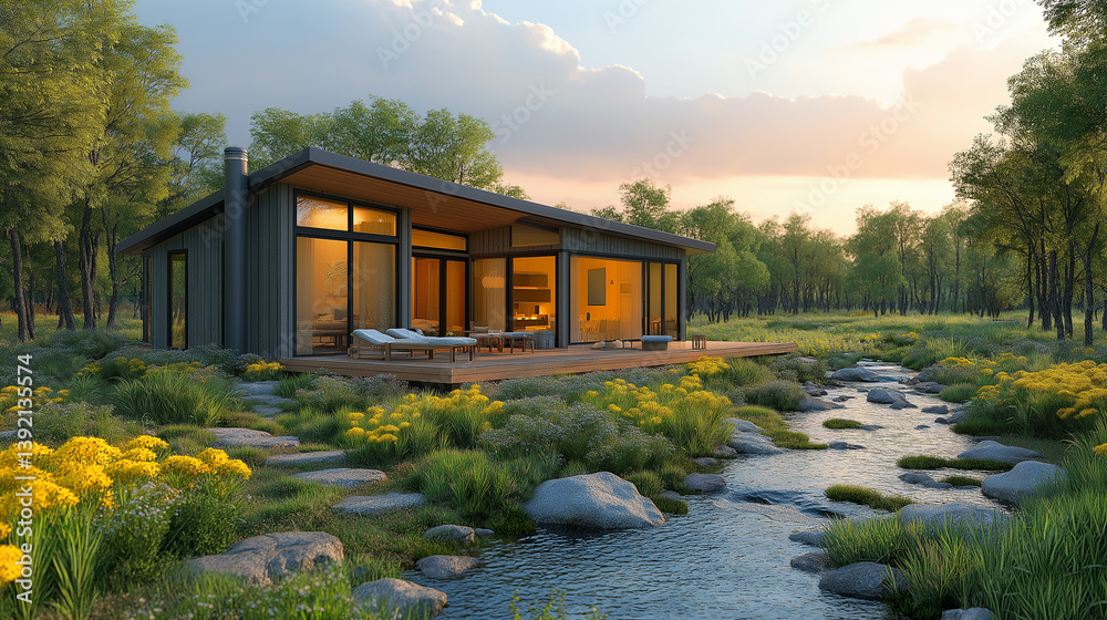 Obraz premium Modern Lakeside Cabin: A contemporary lakeside cabin with expansive windows, seamlessly blending indoor and outdoor living amidst lush greenery, offers a serene escape into nature's embrace.