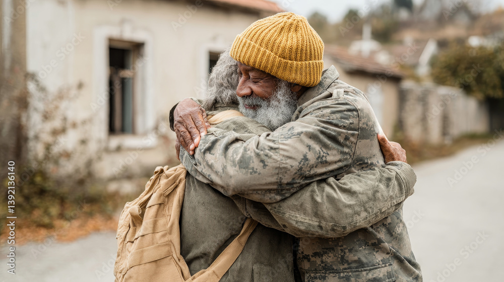 Emotional reunion of two elderly veterans embracing on quiet village street evokes bond, gratitude and resilience