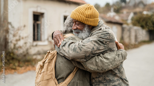 Obraz na płótnie Emotional reunion of two elderly veterans embracing on quiet village street evokes bond, gratitude and resilience w salonie