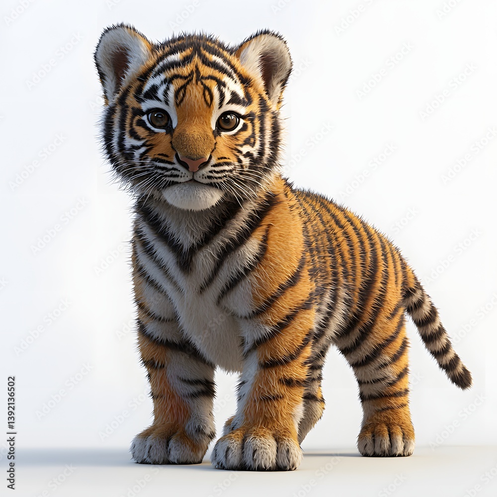 Obraz premium Adorable full-body 3D illustration of a fluffy white tiger cub showcasing its stunning fur detail and charming expression against a plain backdrop