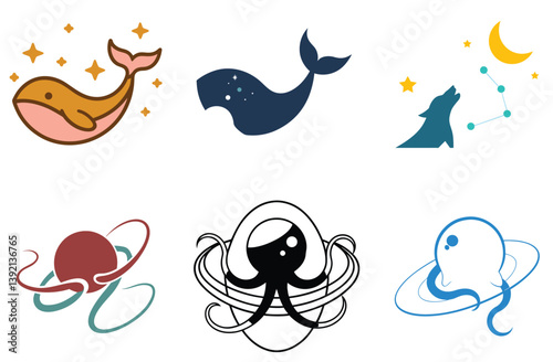 Celestial Sea Creatures Cute Whale, Dolphin, Octopus & Planet Illustrations