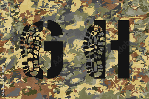 Boot print monograms. Latin letters G and H on khaki classic background