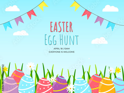 Poster template for an Easter egg hunt event. Easter egg hunt event banner.