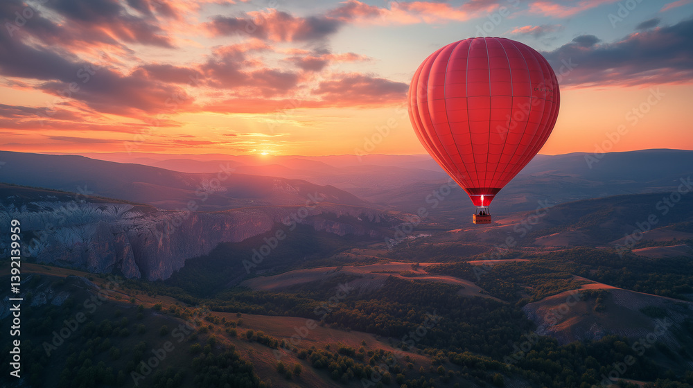 Obraz premium Hot Air Balloon Flight Over Mountain: An exhilarating aerial view showcasing a vibrant red hot air balloon gracefully soaring over a majestic mountain range.