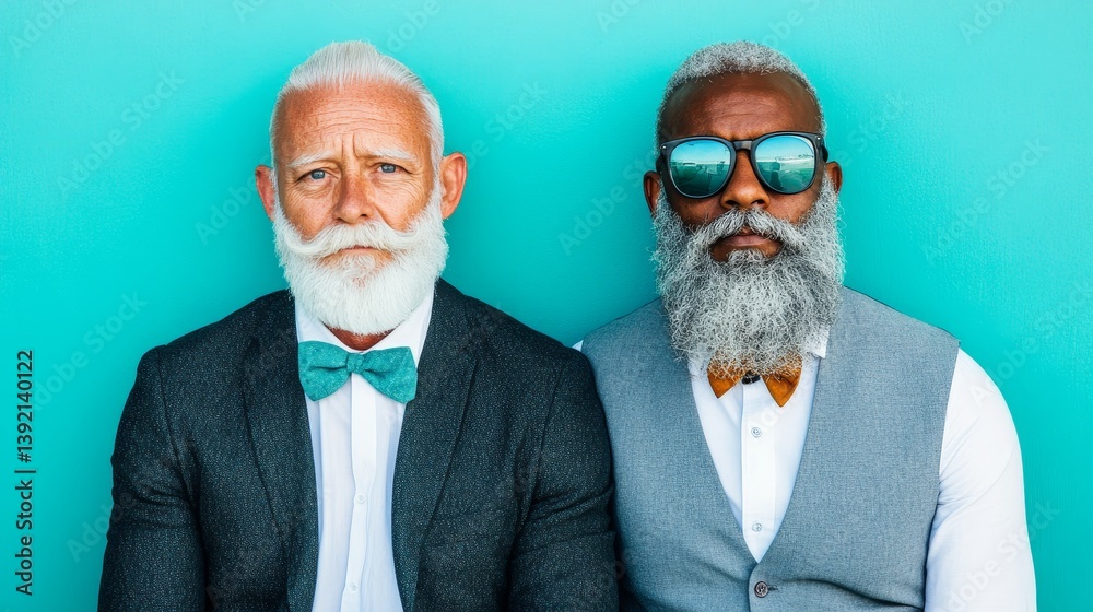 Stylish mature men with white beards posing against turquoise wall express confidence, individuality and timeless elegance