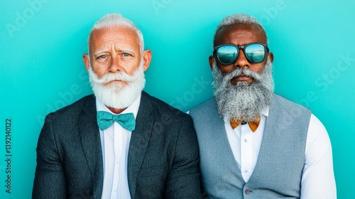 Obraz na płótnie Stylish mature men with white beards posing against turquoise wall express confidence, individuality and timeless elegance w salonie