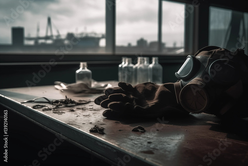 Abandoned Gas Mask  Gloves on Dusty Table Industrial Window View