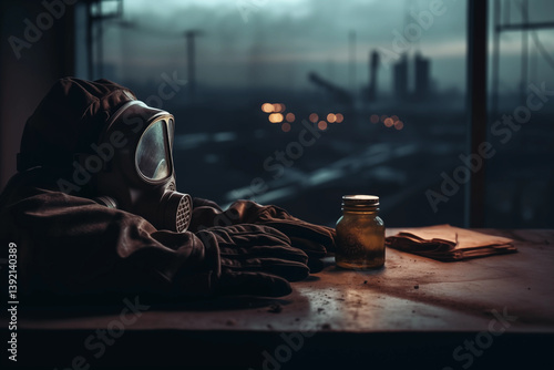 PostApocalyptic Survivor Person in Gas Mask Industrial Landscape