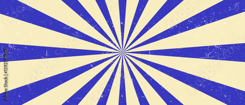 Vintage circus-style radial sunburst background with alternating beige and blue rays. The grunge texture and faded look create a nostalgic and energetic vibe, perfect for posters, flyers, or retro-the