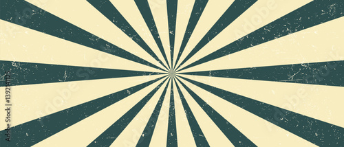 Dramatic vintage sunburst background with dark green rays on beige paper and a distressed grunge texture. Perfect for circus posters, retro designs,nostalgic visual concepts, antique flair