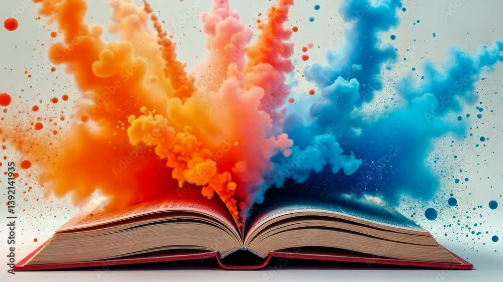 Open book with vibrant orange and blue ink clouds bursting from pages, surreal fantasy style, on light background, symbolizing imagination