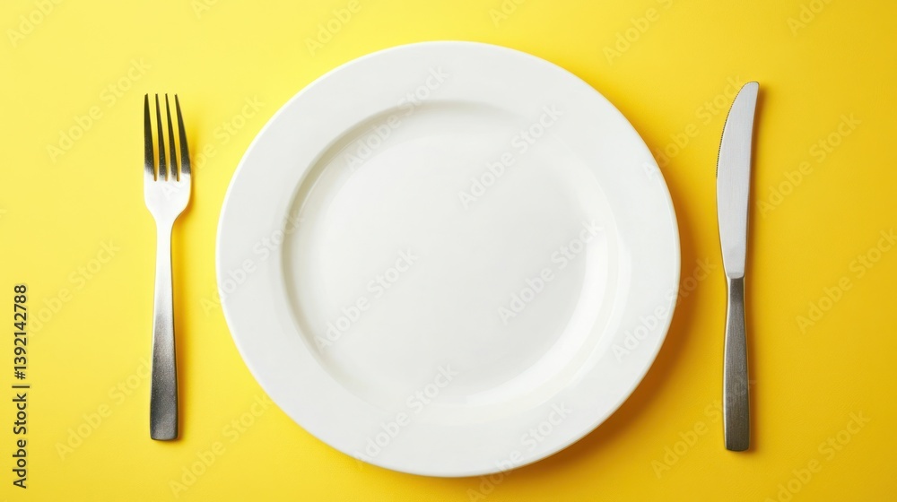 Empty white plate, cutlery on yellow background, ready for meal, food photography, stock image Empty white plate, cutlery on yellow background, ready for meal, food photography, stock image